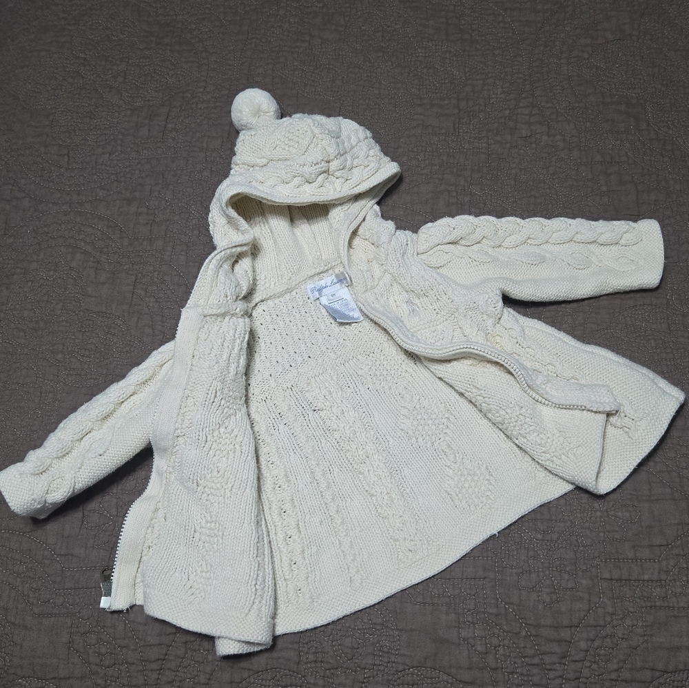 Ralph Lauren cable knit jacket attached hood embroidered pony ivory baby girl 6M - Picture 9 of 9